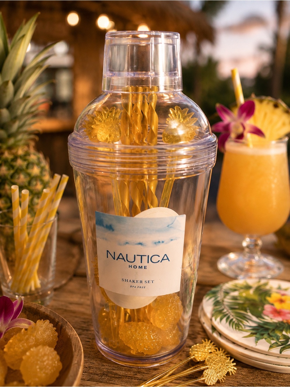 Nautica Tropical Cocktail Set | Cocktail Shaker, Coasters & Pineapple Accessor